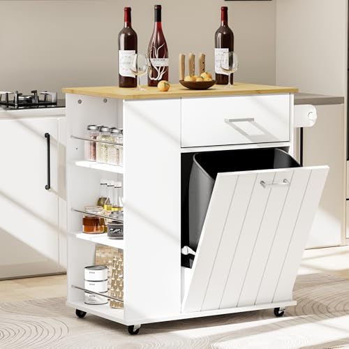 Rolling Kitchen Island with Trash Can Storage, Towel Rack & Spice Rack, Black Z397219