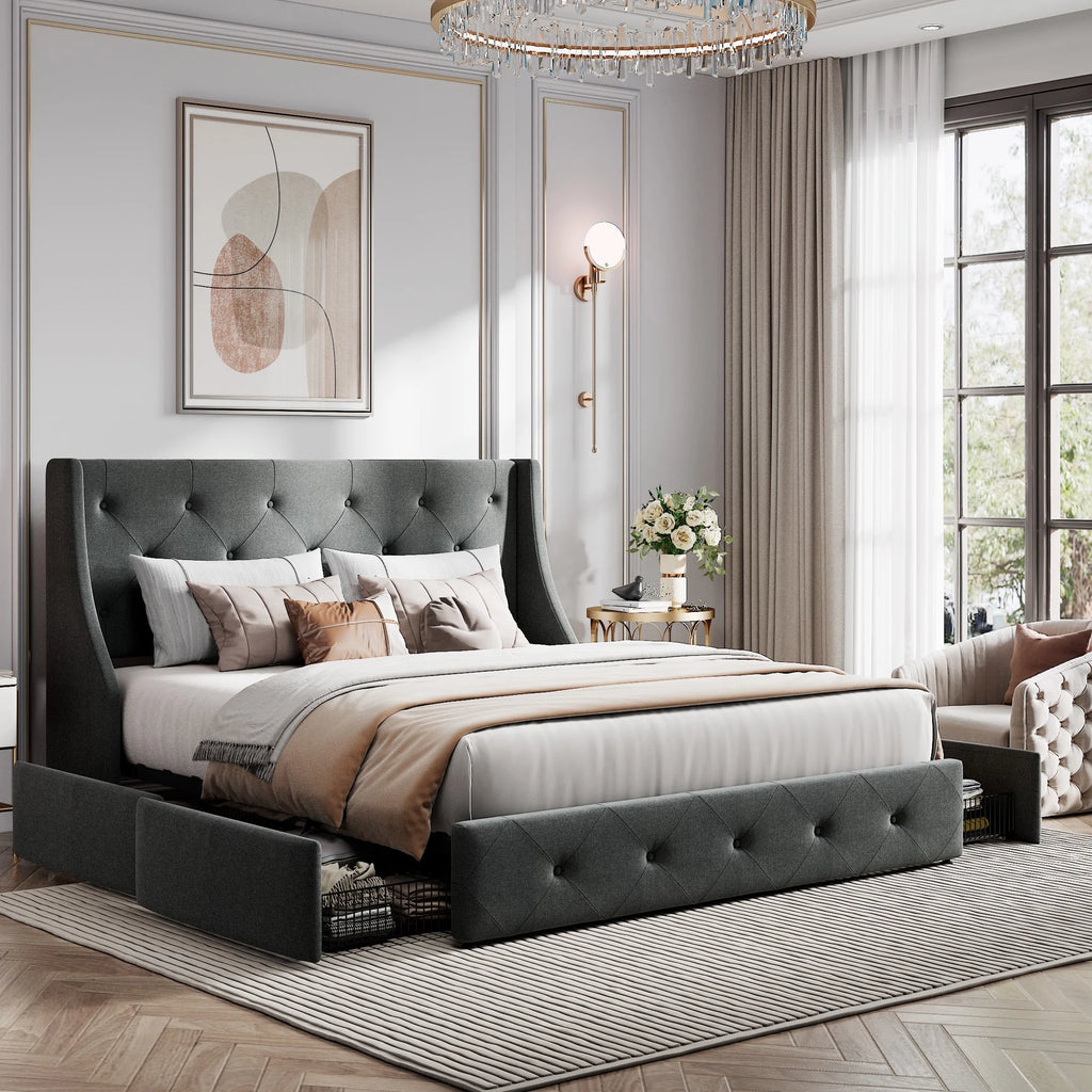 Queen Size Platform Bed Frame with 4 Storage Drawers I3306