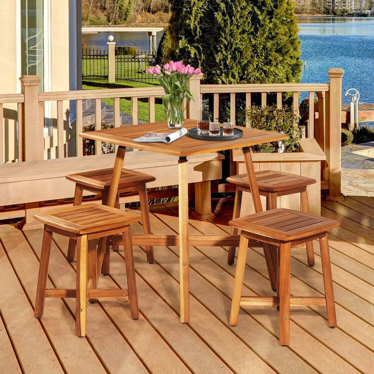 5 Piece Acacia Wood Patio Dining Furniture Set with 4 Stools Z28881