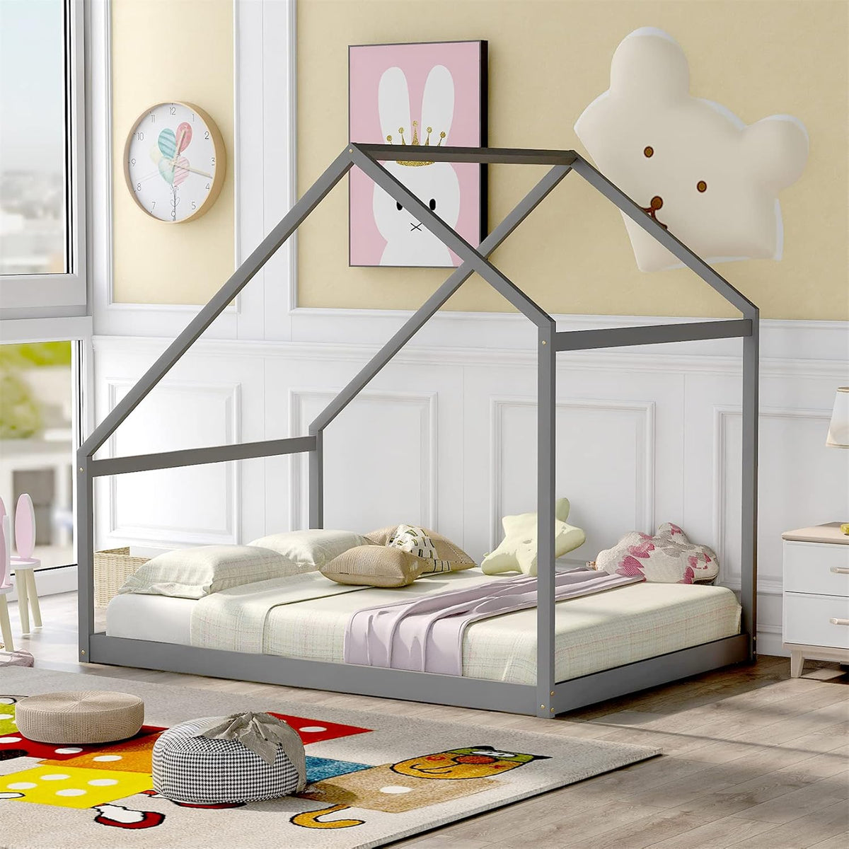 White Wood Twin Size House Bed Frame with Trundle L255647