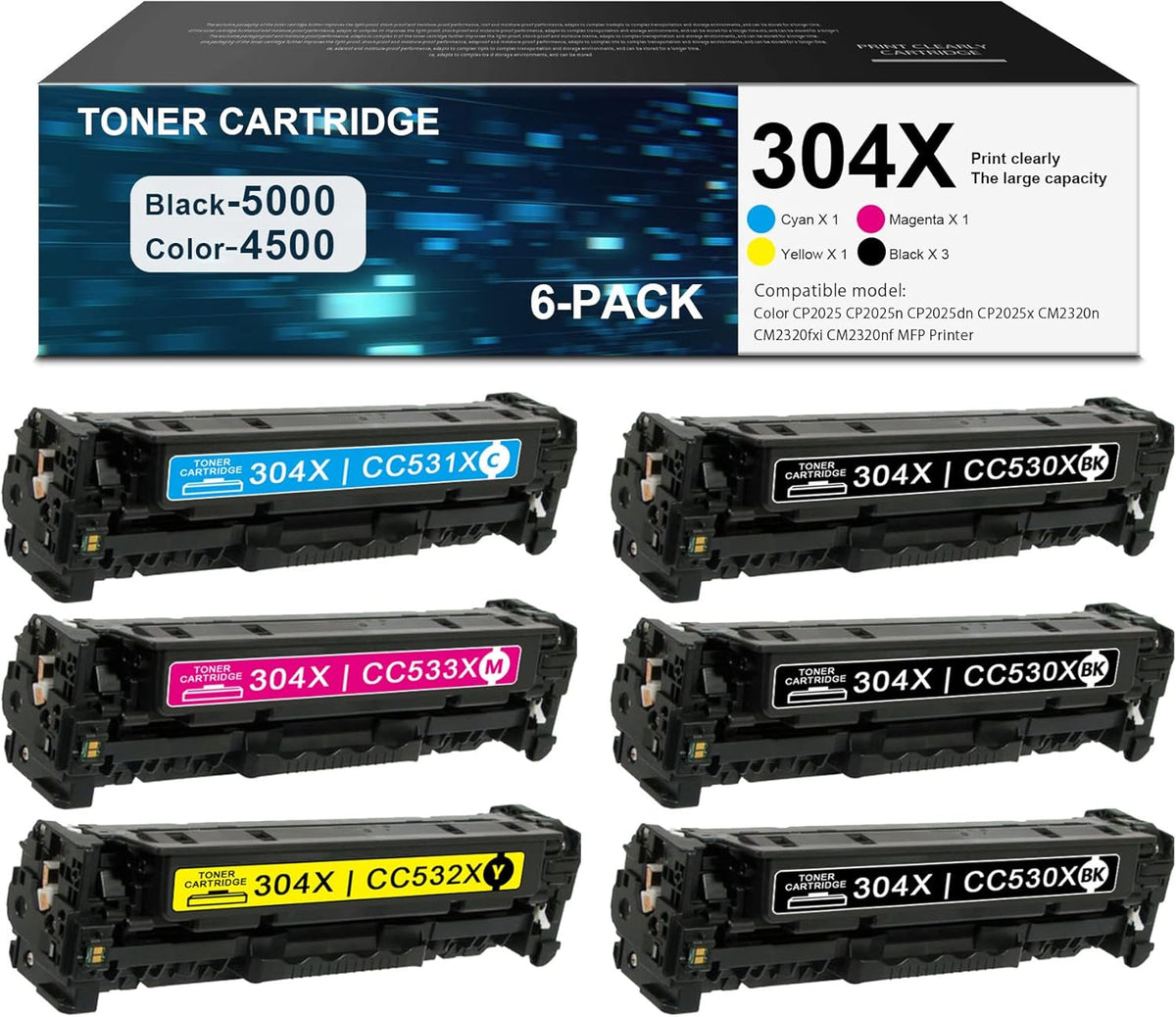 6 Pack High Yield Toner Cartridge Replacement for HP Color CP2025 CP2025dn CP2025x CM2320fxi CM2320nf CP2025n CM2320n MFP Printer G73579