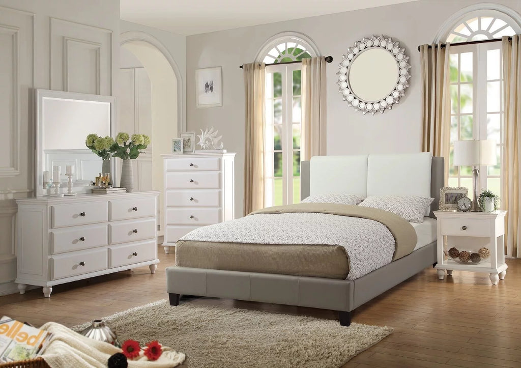 White and Grey Queen Size Bed 4pc Set with Dresser Mirror Nightstand O34461