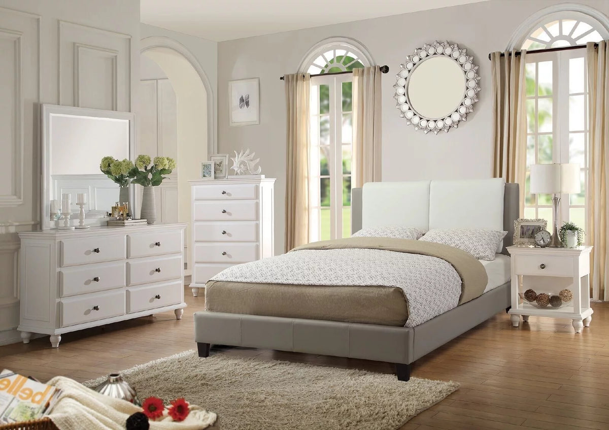 White and Grey Queen Size Bed 4pc Set with Dresser Mirror Nightstand O34461