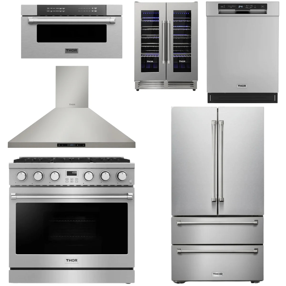 36 Gas Range, Range Hood, Refrigerator, Dishwasher, Microwave and Wine Cooler J4593
