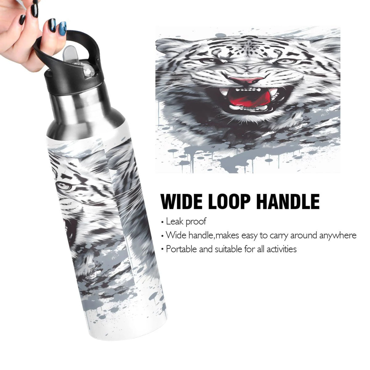 Black and White Stainless Steel Insulated Water Bottle with Straw Lid G4274