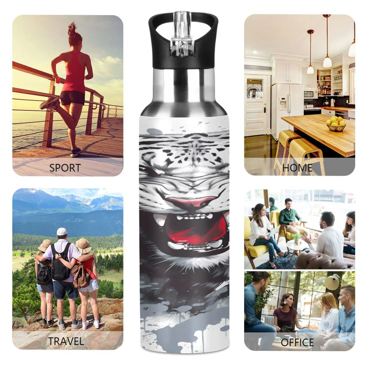 Black and White Stainless Steel Insulated Water Bottle with Straw Lid G4274