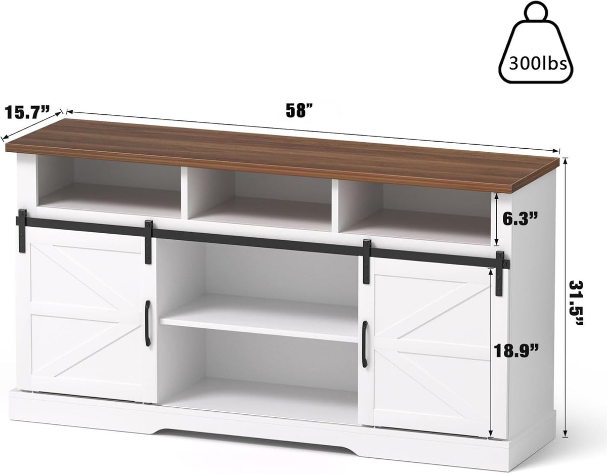 White 58" Coffee Bar Cabinet with Sliding Barn Door and Adjustable Shelf Z663