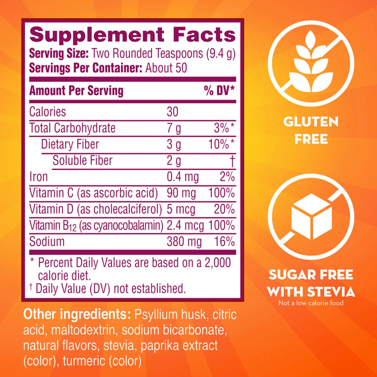 Sparkling Fiber Supplement with Vitamins C, D & B12, Citrus, 50 Servings O1635