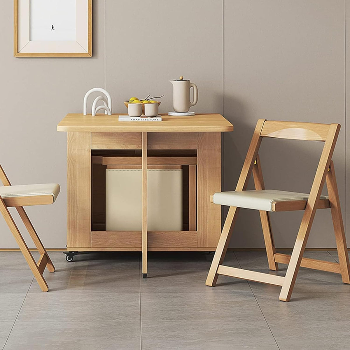 Beige Solid Wood Folding Dining Table Set M12224