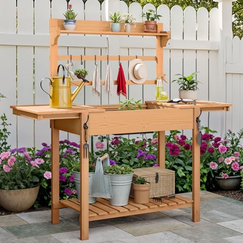 Outdoor Potting Bench Table with Sink & Sliding Top, Wooden Garden Workbench with Storage Shelves C809