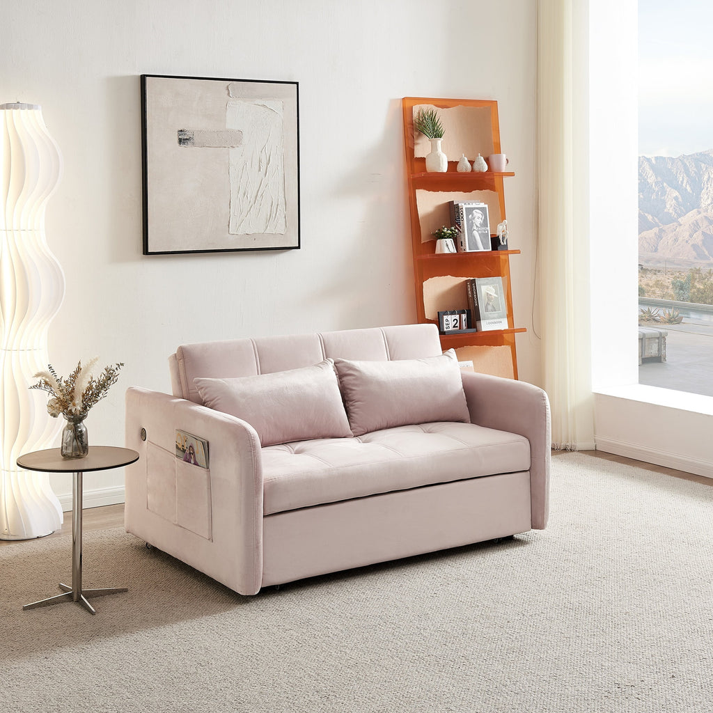 Pink Velvet Convertible Sleeper Sofa Bed with USB Port J4090