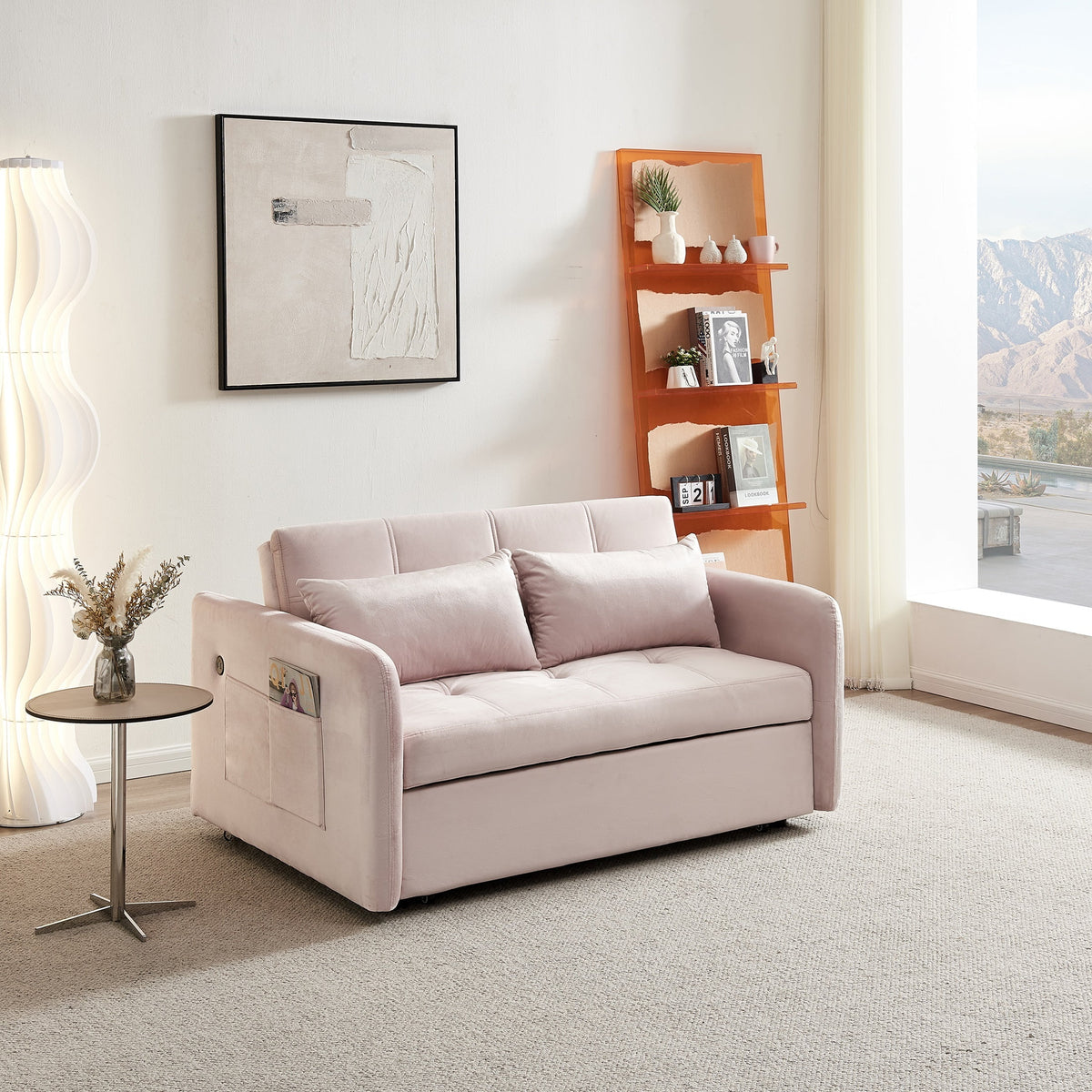 Pink Velvet Convertible Sleeper Sofa Bed with USB Port J4090