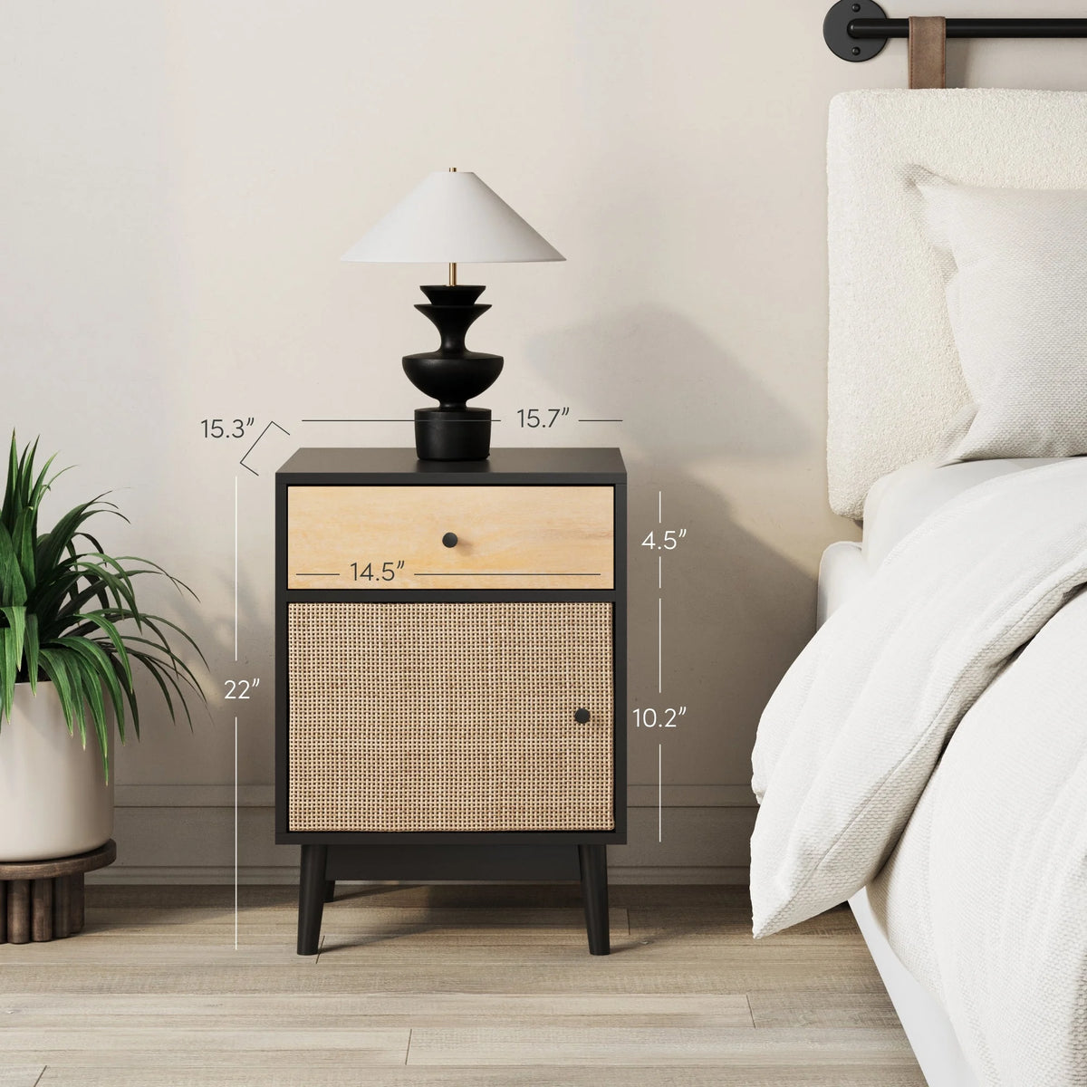 Bedside Table with Mango Wood Drawer and Rattan Cane Cabinet Door K124
