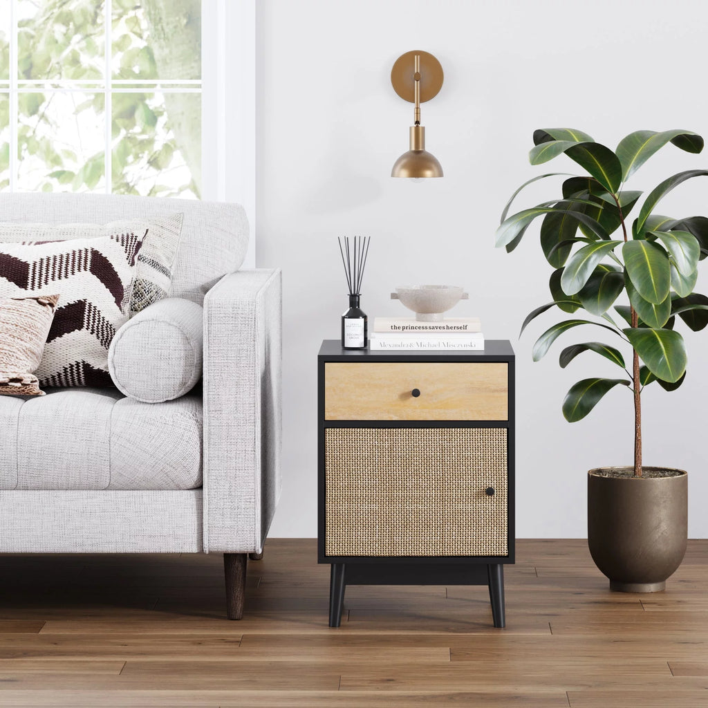 Bedside Table with Mango Wood Drawer and Rattan Cane Cabinet Door K124