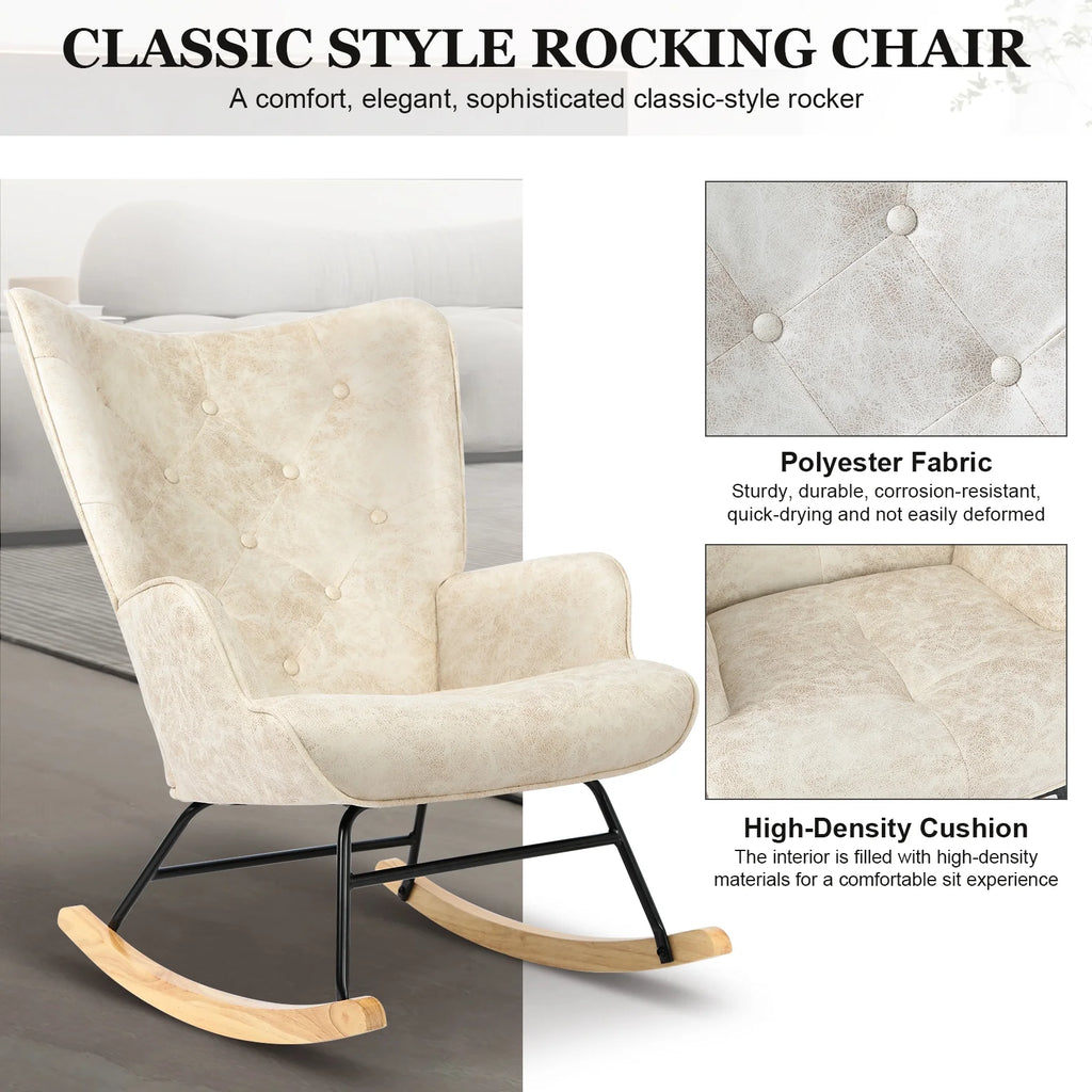 Polyester Fabric Rocking Chair with Wooden Base and Armrests White O258