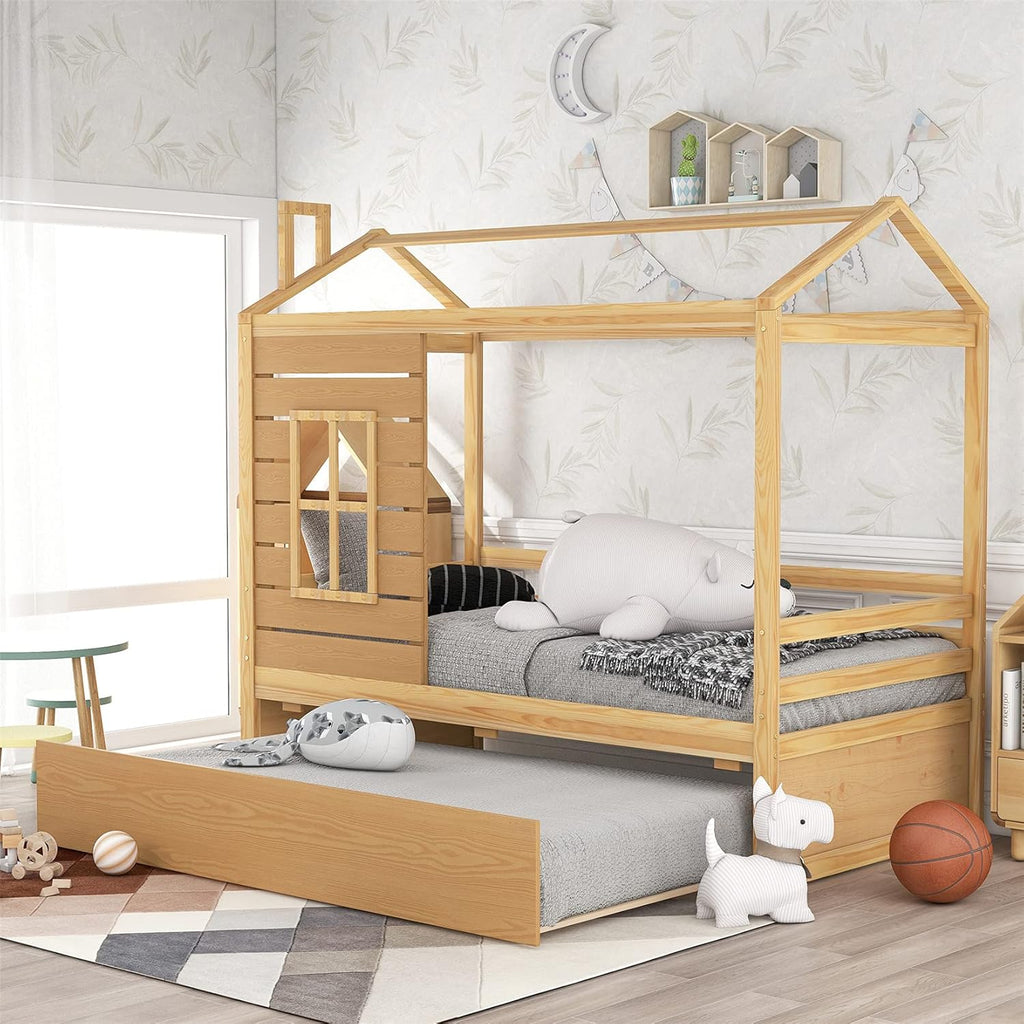 White Wood Twin Size House Bed Frame with Trundle L255647