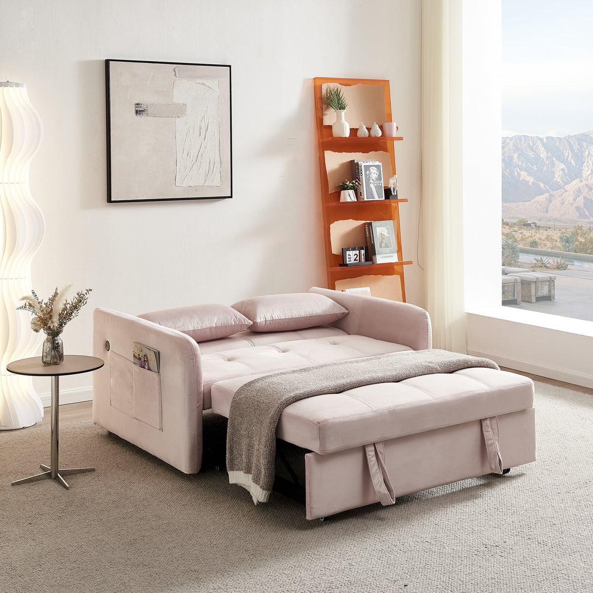 Pink Velvet Convertible Sleeper Sofa Bed with USB Port J4090