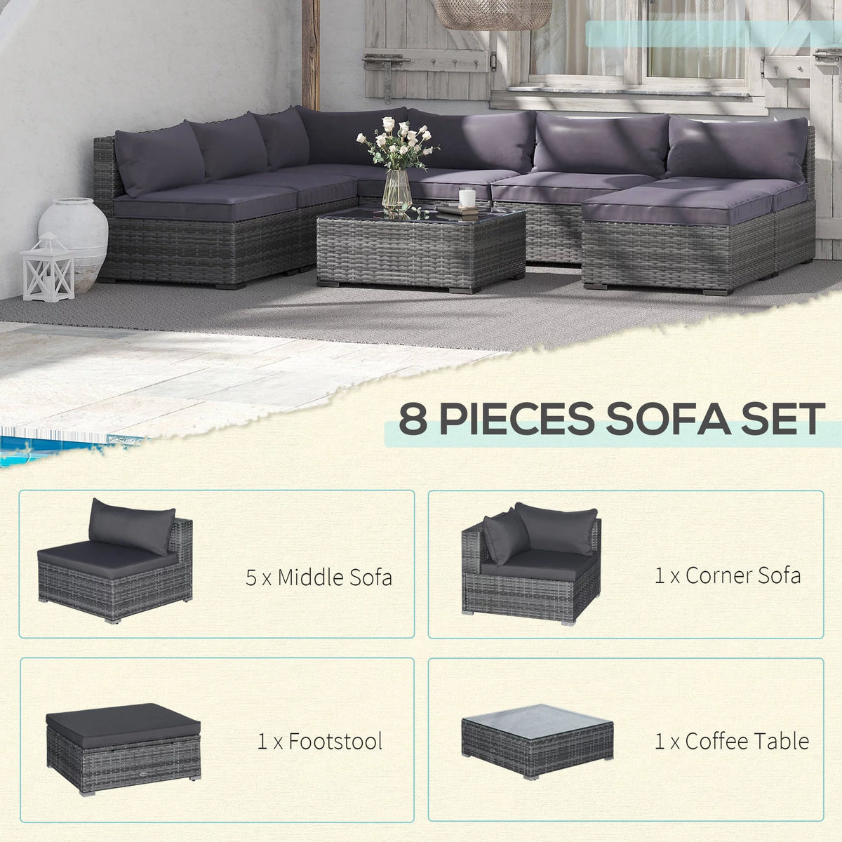 8 Piece PE Rattan Patio Furniture Set T872