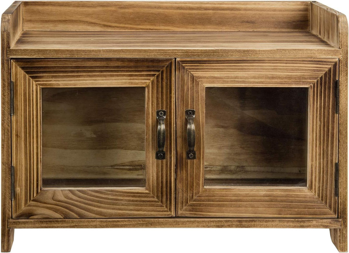 Dark Brown Wood Counter Top Storage Cabinet with Glass Windows Q7831