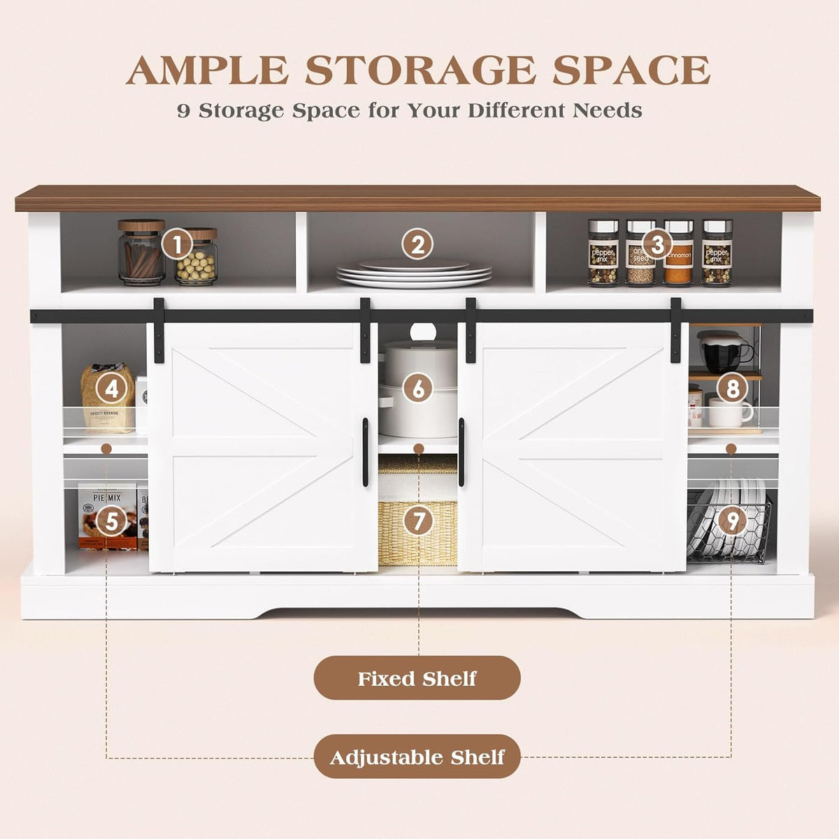White 58" Coffee Bar Cabinet with Sliding Barn Door and Adjustable Shelf Z663