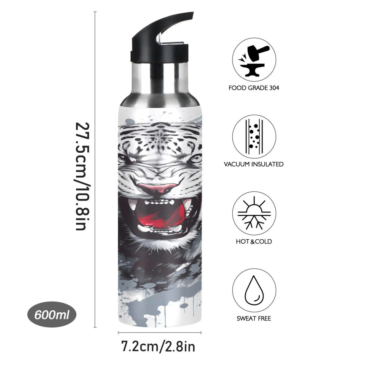 Black and White Stainless Steel Insulated Water Bottle with Straw Lid G4274
