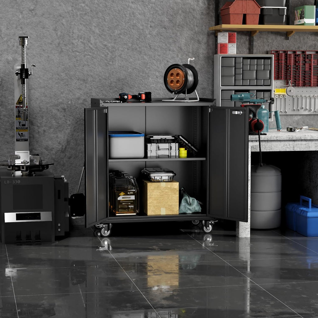 Black Metal Storage Cabinet on Wheels with Adjustable Shelves G648