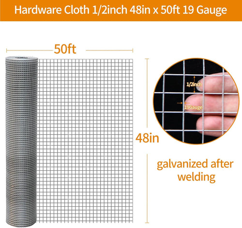 1/2inch 19Ga 48"x50' Galvanized Hardware Cloth Wire Mesh Roll T303339