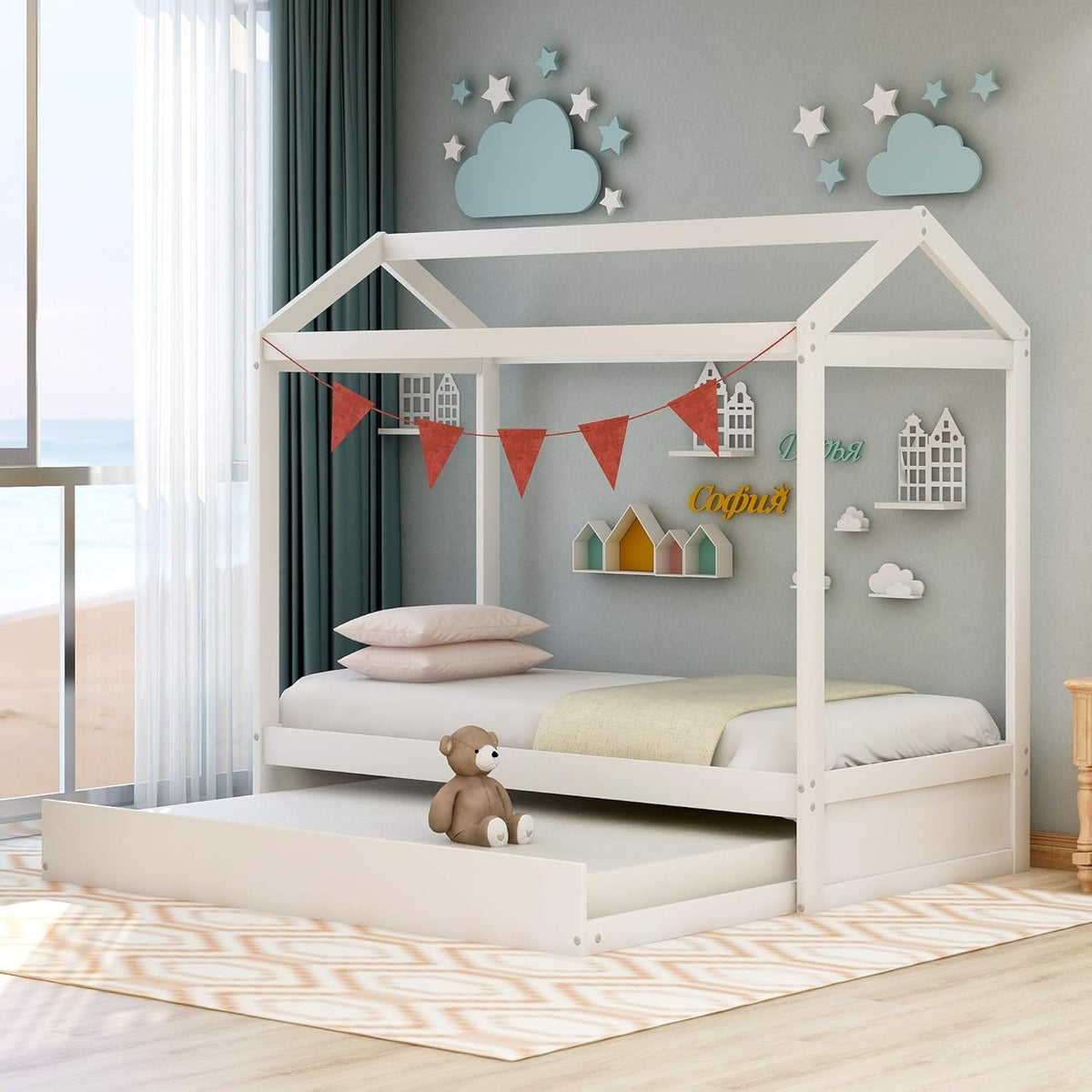 White Wood Twin Size House Bed Frame with Trundle L255647