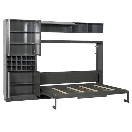 White Wooden Full Size Murphy Bed Frame with Sofa and Storage Shelves W6152