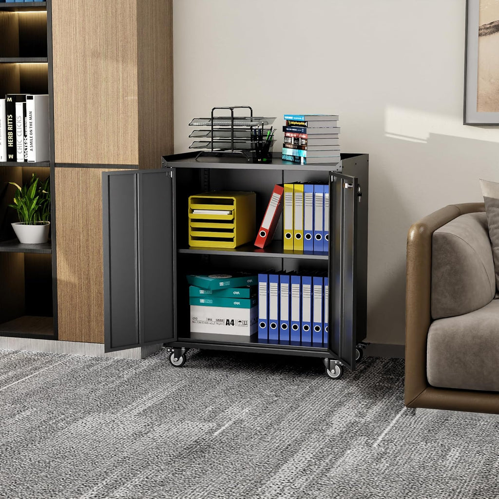 Black Metal Storage Cabinet on Wheels with Adjustable Shelves G648