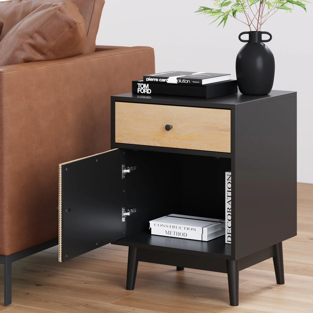 Bedside Table with Mango Wood Drawer and Rattan Cane Cabinet Door K124