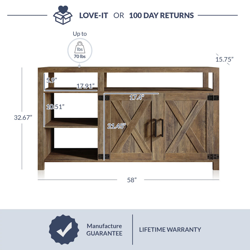 58" Farmhouse TV Stand with Storage Shelves and Cabinets W40186