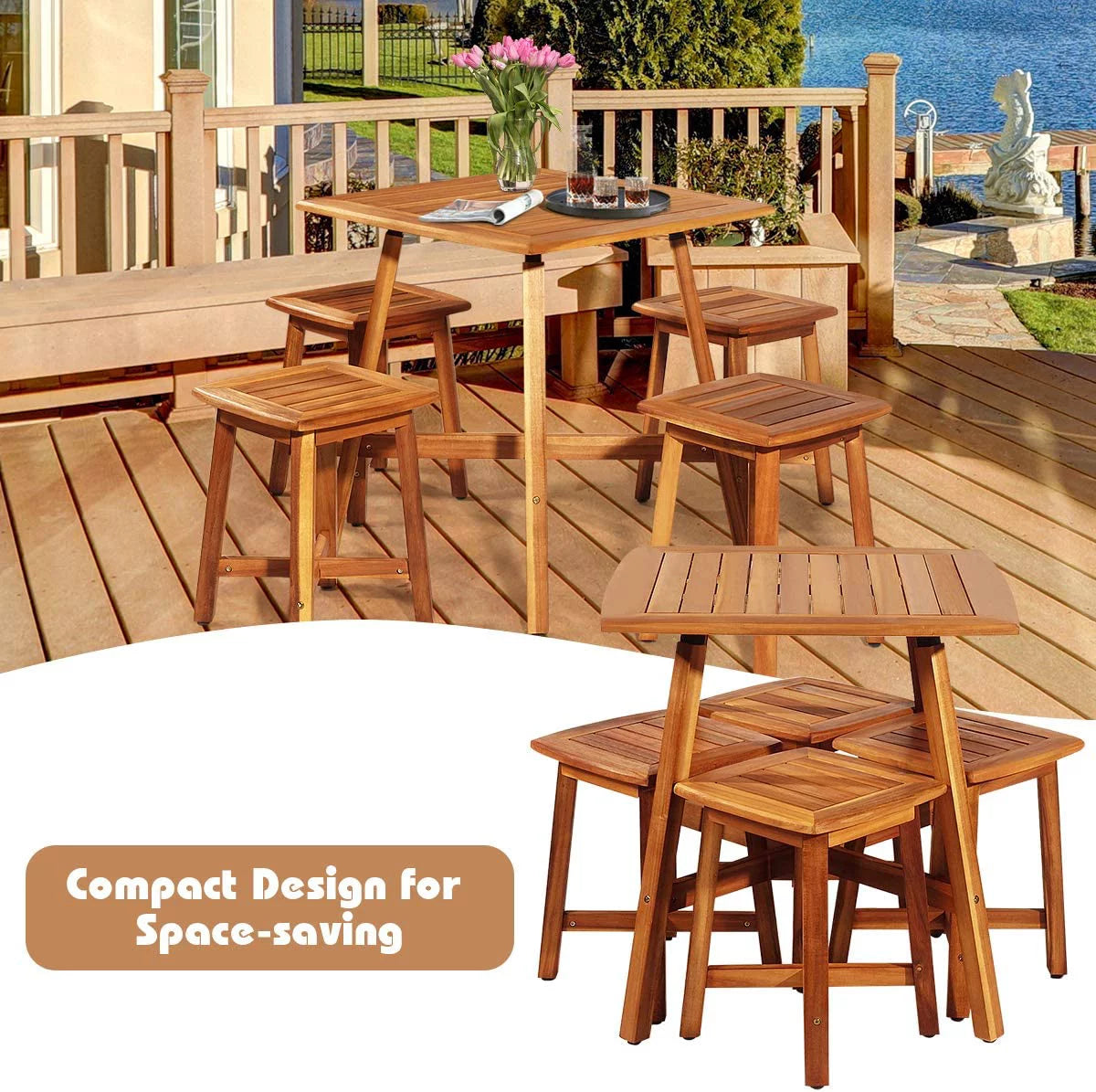 5 Piece Acacia Wood Patio Dining Furniture Set with 4 Stools Z28881