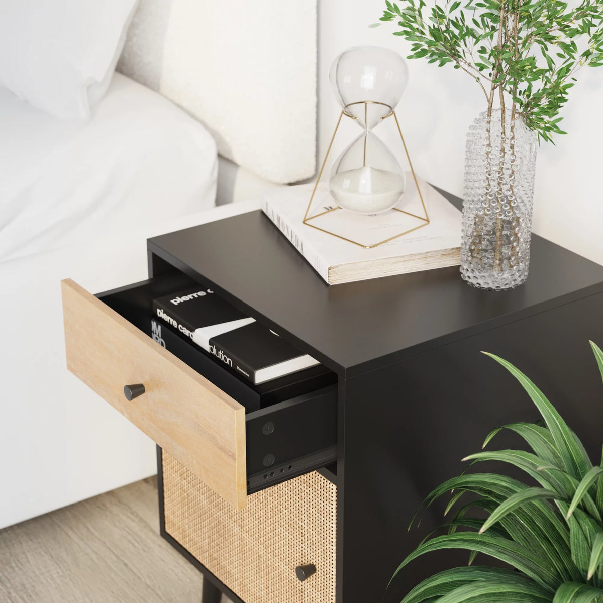 Bedside Table with Mango Wood Drawer and Rattan Cane Cabinet Door K124