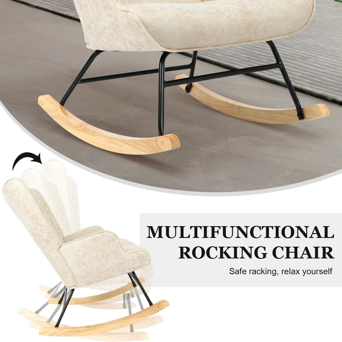 Polyester Fabric Rocking Chair with Wooden Base and Armrests White O258