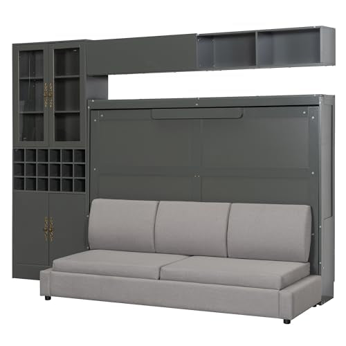 White Wooden Full Size Murphy Bed Frame with Sofa and Storage Shelves W6152
