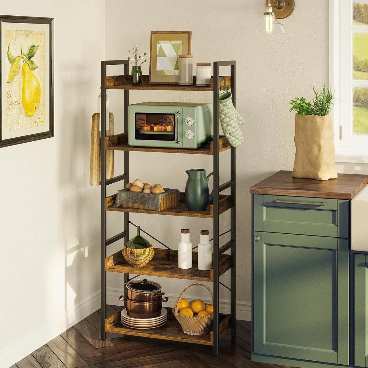 5 Tier Wood Bookshelf with 4 Hooks B5558