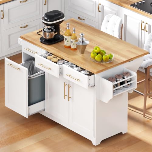 59.3" Rolling Kitchen Island with Trash Can Storage Cabinet, Power Outlet, Drop Leaf (Black) R538123