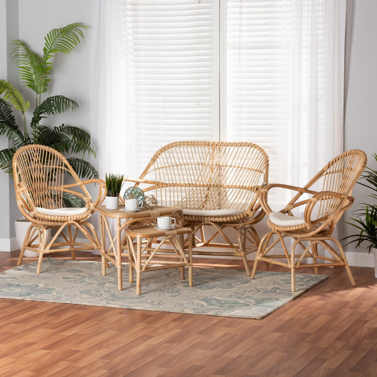 White Fabric and Brown Rattan 5-Pc Living Room Set D227