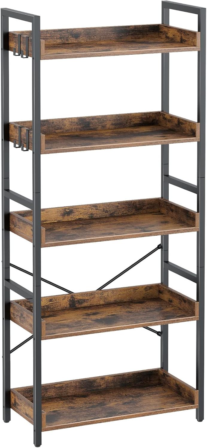 5 Tier Wood Bookshelf with 4 Hooks B5558