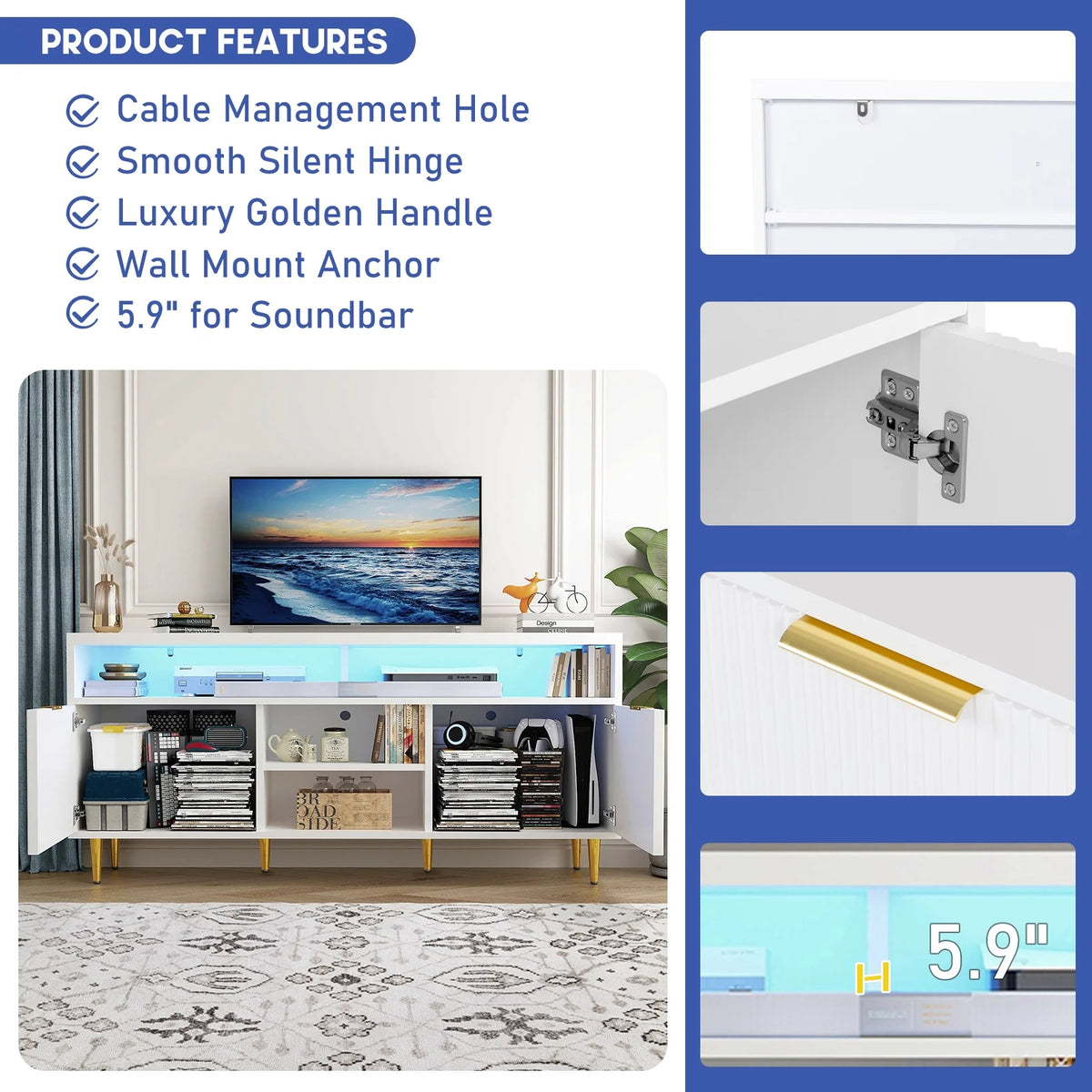 White Wood TV Stand for 55 60 65 inch TV U26105