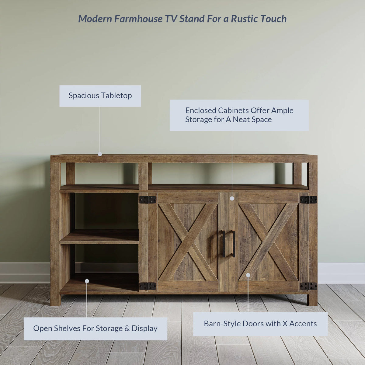 58" Farmhouse TV Stand with Storage Shelves and Cabinets W40186