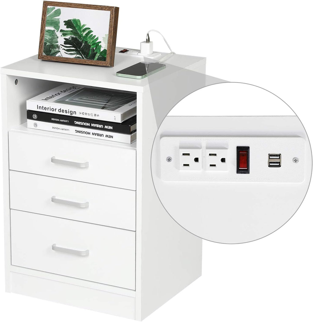 White Nightstand 3 Drawers with Open Storage Wooden Side Table with Sliding Drawer P37387