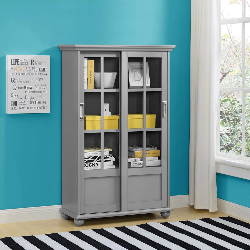Black Bookcase with Sliding Glass Doors F6060