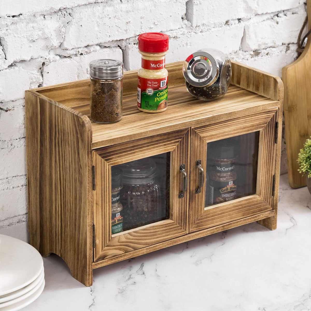 Dark Brown Wood Counter Top Storage Cabinet with Glass Windows Q7831