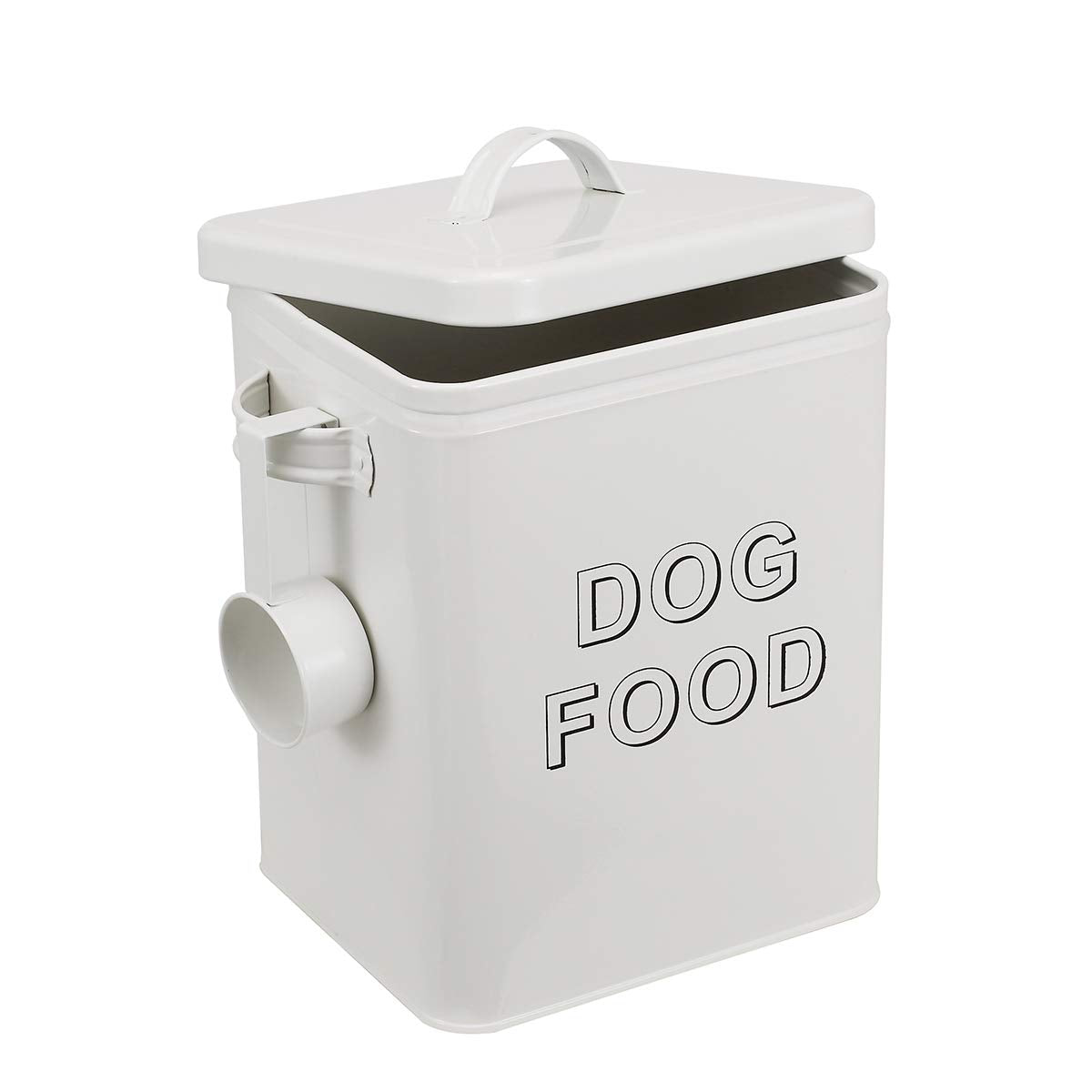 Airtight Dog Treat Container and Food Storage Tin with Lid, Handle, Scoop, 4-5 lbs Capacity, White F279