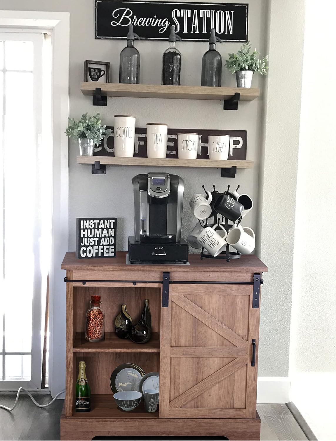 Brown Oak Buffet & Sideboard Cabinet with Sliding Door U6096