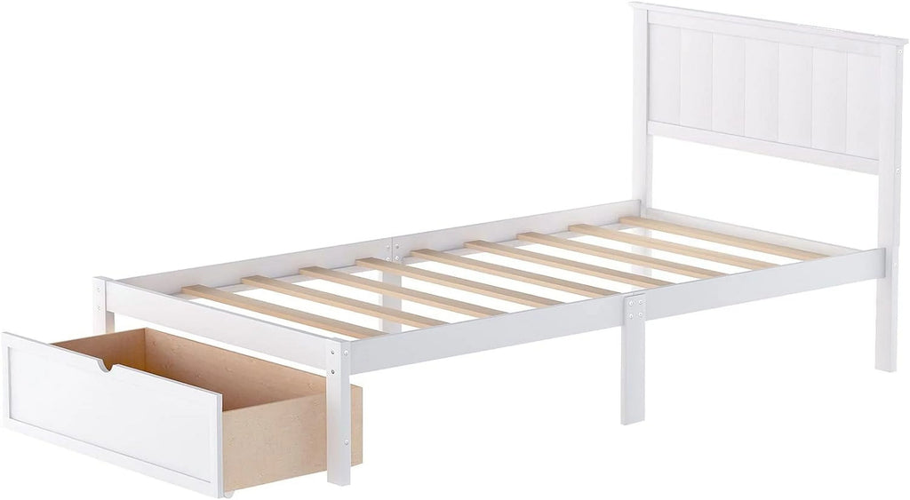 White Wood Bed with Drawers and Headboard L5073