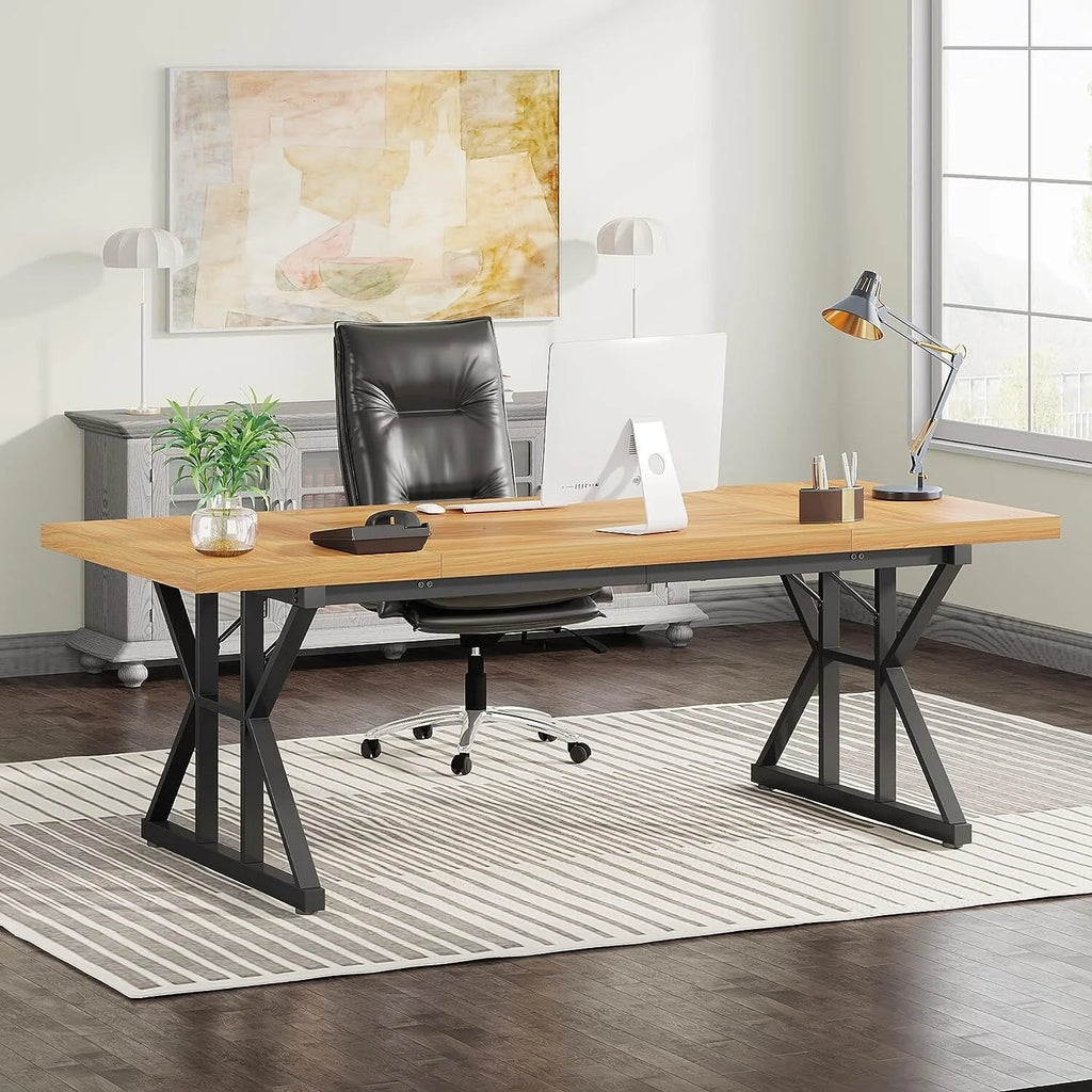 70.8-Inch Light Walnut/Black Executive Desk Y69524