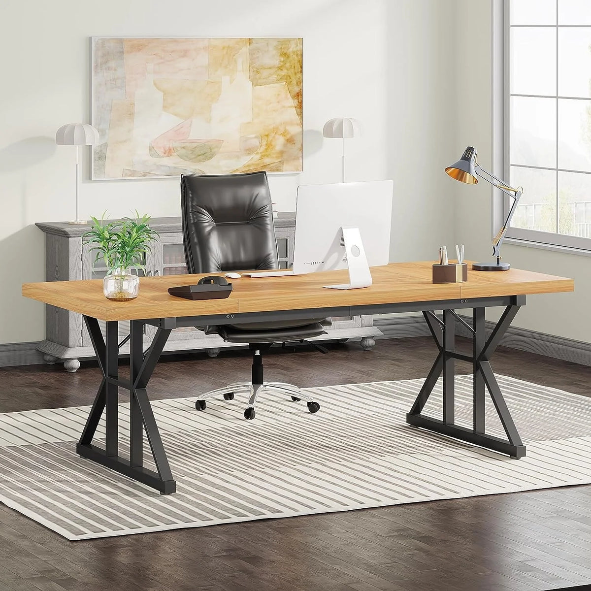 70.8-Inch Light Walnut/Black Executive Desk Y69524